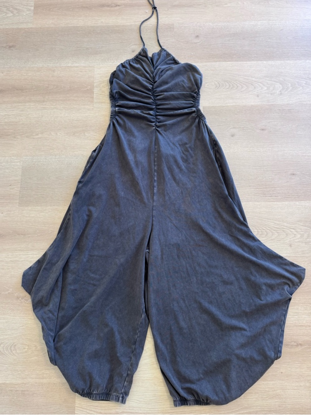 Free People Charcoal Halter Ruched Wide-Leg Jumpsuit